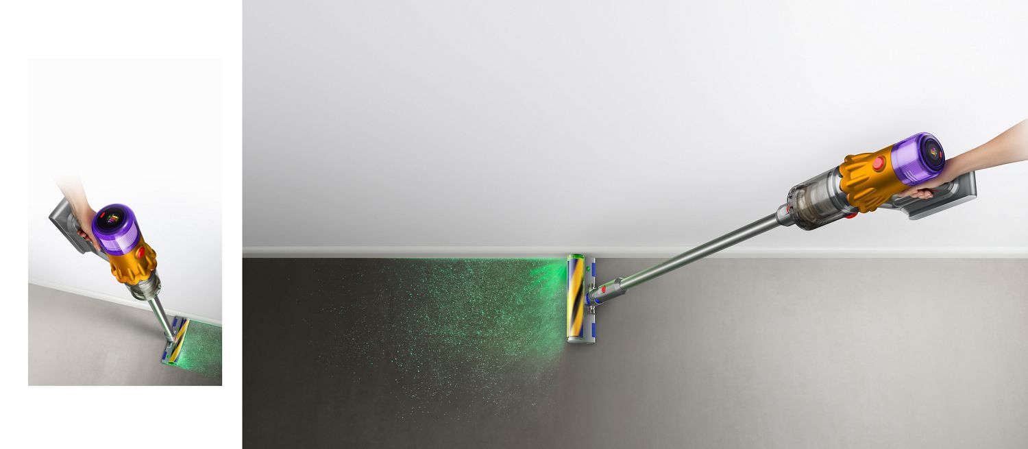 Dyson V12 Detect Slim vacuum with Slim Fluffy Laser cleaner head, showing sizes of dust detected